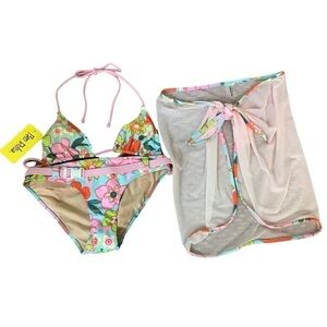 Pan Dulce Size 7/8 Vintage Bright Floral Bikini Set & Matching Sarong New